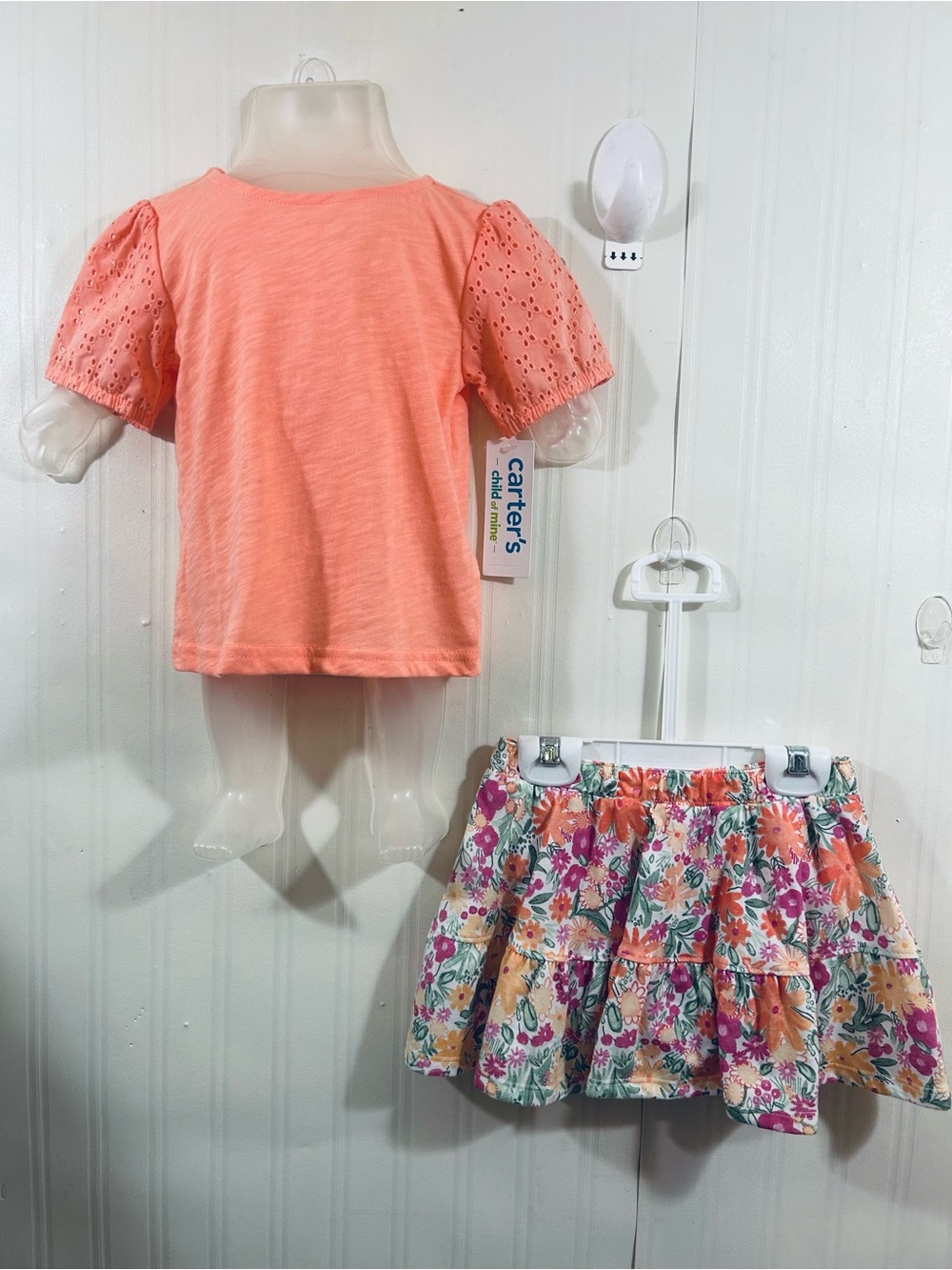 Carter's Coral Eyelet Sleeve Top with Floral Tiered Skirt